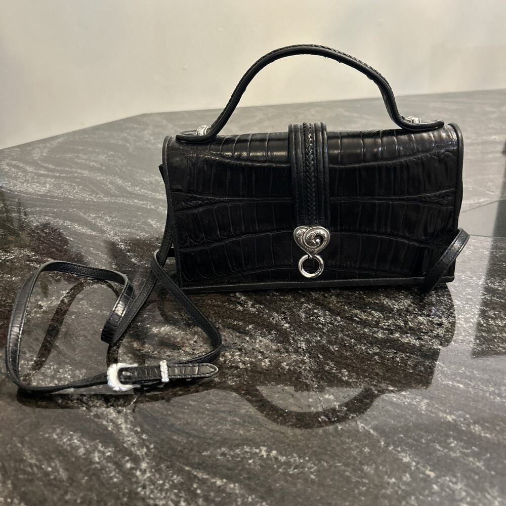 Brighton Leather Clutch Wallet Purse Card Slots Black Top Handle Crossbody Strap